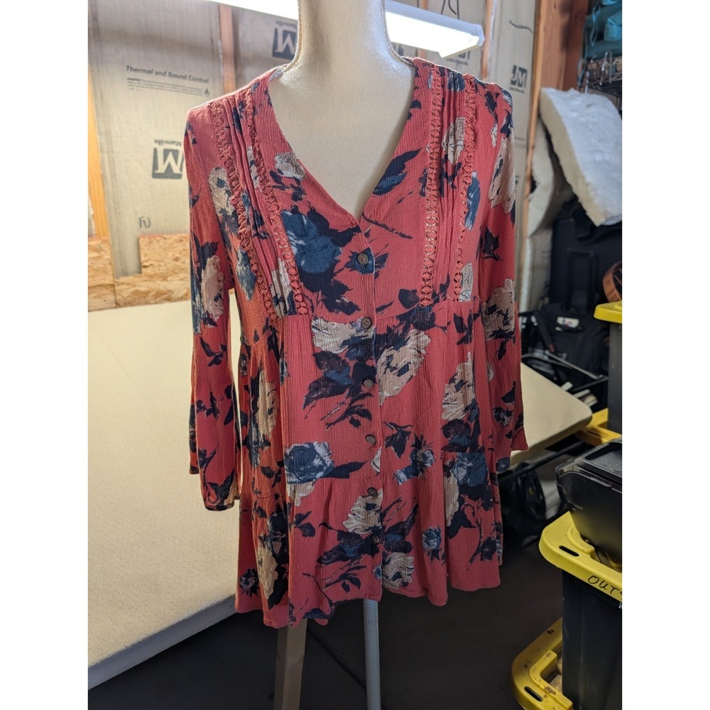 Miss Me Women's Floral Smocked Blouse M Coral Orange Oversized Boho Eclectic